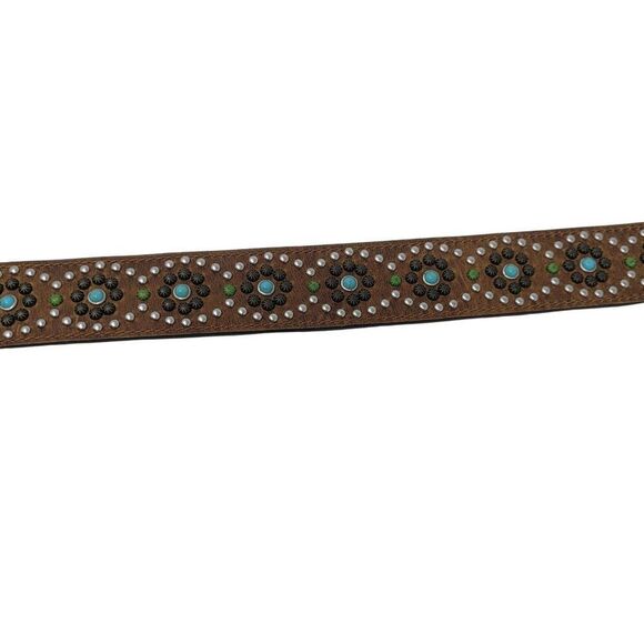 Nocona Leather Western Belt Studs Stones 30" S Brown Circle Flower Blue Silver - Picture 7 of 10